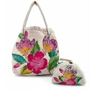 Vintage Hawaiian Hibiscus Butterfly Quilted Tote Purse & Cosmetic Bag Set Cream